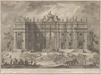 A Seconda Macchina az 1772-es Kínában: egy tér játékpiaccal és a Pantheon szökőkúttal