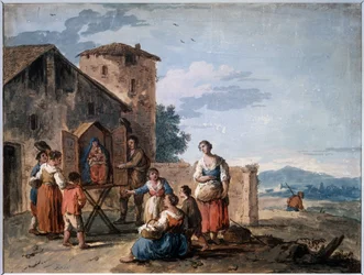 Parasztcsoport a tabernákulum előtt az álló Madonna-szoborral. Giuseppe Zais (1709-1784) rajza. Tempera és szépia papíron, 30,2 x 38 cm, 1750 körül. Velencei Iskola