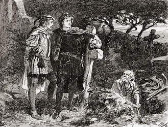 Jelenet William Shakespeare Hamlet című drámájából, V. felvonás, 1. jelenet, Hamlet: Ismerem őt, Horatio, a végtelen tréfa fickója, a legkiválóbb fantázia, az 1896-ban megjelent William Shakespeare műveiből (e)