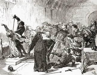 Jelenet William Shakespeare Hamlet című darabjából, V. felvonás, 2. jelenet, Hamlet: A lényeg is mérges! Akkor méreg, a munkádra. (Szúrja a királyt), William Shakespeare műveiből, 1896-ban (metszet)