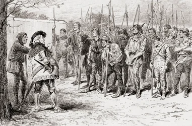 Jelenet William Shakespeare IV. Henrik király című drámájából, 1. rész, IV. felvonás, 2. jelenet, Falstaff rongyos ezredje, William Shakespeare műveiből, 1896.