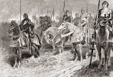 Jelenet William Shakespeares V. Henrik király című színművéből, IV. felvonás, 2. jelenet, Lord Grandpré: A lovasok rögzített gyertyatartókként ülnek fáklyatartókkal a kezükben, William Shakespeare műveiből, pu