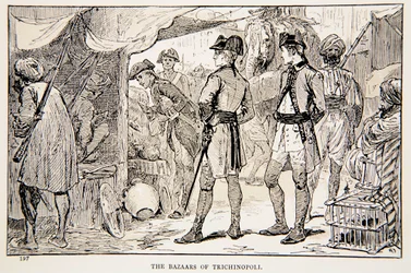 A trichinopoli bazárok, illusztráció G. A. Henty "Clive-val Indiában, vagy egy birodalom kezdetei" című könyvéből, kiad. London, 1884