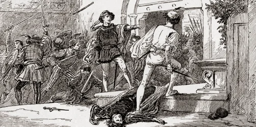 Tybalt megölte Rómeó, jelenet William Shakespeare Rómeó és Júlia című művéből, III. felvonás, 1. jelenet, William Shakespeare műveiből, 1896.