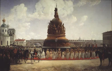 Az orosz millenniumi emlékmű felszentelése Novgorodban 1862-ben, 1864-ben