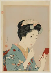 Nő ajakrúzst ken, Taisho korszak, 1920 február (színes fametszet)