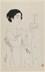 Nő, aki egy szentjánosbogár kalitkát tart, Taisho korszak, 1920 július (fametszet)
