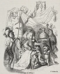 Afrika oroszlánja, az afrikai oroszlán és három őshonos fiatal oroszlán történetének szereplője, Filippo Molino (1804-1856) litográfiája Jean-Jacques Grandville (1803-1847) rajza alapján,