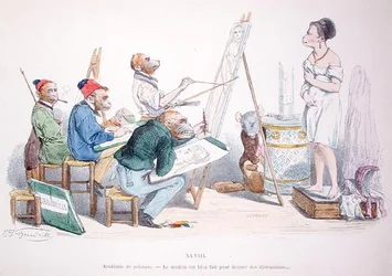 „A modell tökéletesen eltereli a figyelmet”, karikatúra az 1854-ben újranyomott „Les Metamorphoses du Jour” sorozatból (színes metszet)