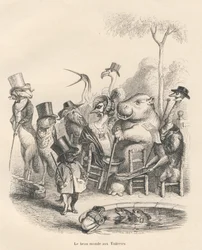 Elegáns ruhába öltözött állatok sétálnak a Tuileriákban . JJ Granville által illusztrált matricák. Andrew, Best és Leloir által aláírt metszet a PJ Stahl által írt "Histoire d