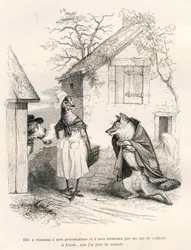 Kutya, tyúk és róka beszélgetése. A matricákat JJ Granville illusztrálta. Godard aláírású metszet a "Csapdába esett róka" című részben, amelyet Charles Nodier írt "Az állatok magán- és közéletének jelenetei". Paris, J. H