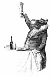 Részlet Grandville metszetéből, amely az Állatok magán- és közélete (Les animaux ints par eux memes) című könyvből származik, Hetzel kiadás 1867 - Víziló világéletében egy asztalnál poharat emel és tósztot mond.