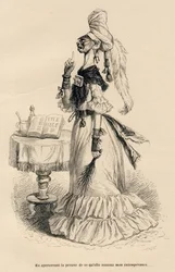 Amikor meglátta annak bizonyítékát, amit mértéktelenségemnek nevezett. J. J. Grandville által illusztrált vignetták. Caqué által jegyzett metszet az Honoré de Balzac által írt, „Egy angol nőstény macska szívfájdalmai” című részben, a „Jelenetek a magán
