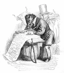 Grandville metszet az "Állatok magán- és közélete (Les animaux painted par eux memes)" című könyvből, Hetzel kiadás 1867 - Karikatúra: vaddisznó petíciót ír.