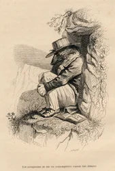 Loup megrögzött magányában. A miniatűröket JJ Granville illusztrálta. Caque jelű metszet a "A medve vagy a hegyről írt levél" című részben L. Baude "Jelenetek az állatok magán- és közéletéből". Paris, J.