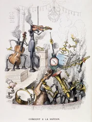 A zenészek gépekké változtak, és „” Concert à la steam”-t adnak – Grandville „” Un autre monde” című művében, a 19. század végén.