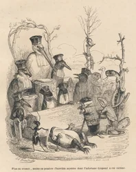 Gólyából és más madarakból, egy vakondból és egy gyíkból álló törvényszék, hogy leleplezze a varangy meggyilkolásának tettesét. J. J. Granville által illusztrált vignetták. Andrew, Best és Leloir által szignált metszet a „Cour criminelle de just” című
