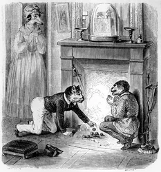A majom és a macska, illusztráció La Fontaine „Mesék” című művéhez (1621-95), H. Fournier Aîné kiadásában, 1838