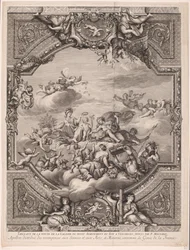 Apollo jutalmakat oszt ki, Minerva pedig megkoronázza Franciaország zsenijét Apollon distirbuë des recompenses aux Sciences et aux Arts, et Minerve couronne le Genie de la France (cím a tárgyon) Mennyezeti festmények a Versailles-i palotában (sorozat címe)