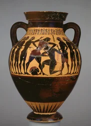 Thészeuszt és a Minótauroszt hat ifjú jelenlétében ábrázoló attikai feketealakos amphora