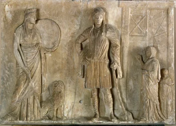 Görög művészet: „” Cybele és Attisz, fia és szeretője, a fríg istenek”” Márvány dombormű a Kr.e. 2. századból. Museo Archeologico, Velence