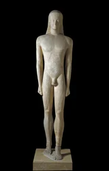 Görög művészet: kurosz szobra, az archaikus korból (Kr. e. 650-500) származó ifjú szobra, Kr. e. 530-520. Méloszról. Mérete: 1,94 m. Athén, Nemzeti Régészeti Múzeum