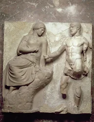 Herkules és Minerva, az olümpiai Zeusz-templom Héraklész tetteit ábrázoló metopésorozatának egy darabja, korai klasszikus kor, kb. Kr. e. 470-457