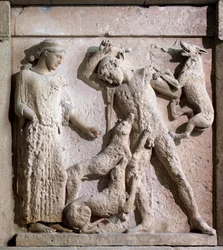 Magna graecia: metóp Artemisszel és Actaeonnal, kődombormű, Kr.e. 5. század