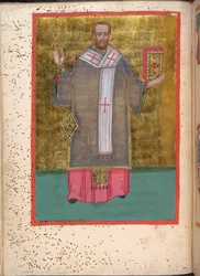 Egerton 2392, f.5v, könyvet tartó, álló Aranyszájú Szent Jánost ábrázoló miniatúra a felszentelési szertartásokat és imákat tartalmazó Leitourgikonból