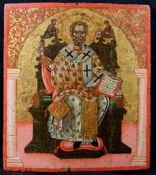 Szent Miklós trónoló ikon, Thesszalonikából (tempera a táblán)