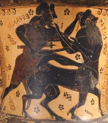 Amphora, Nettos festőjének tulajdonítva, fekete formájú kerámia, Herkules és kentaur részlete, görög civilizáció, Kr.e. 7. század