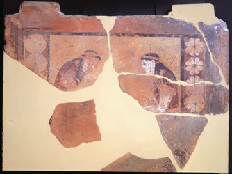 Pandion lánya, Athén királya, Kr.e. 630-ból festett terrakotta metóp a Thermos-i Apollón-templomból, Görögország, görög civilizáció, Kr.e. 7. század