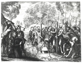 Néhány jezsuita atya halála Nouvelle-Franciaországban, Francois Ducreux „Historiae Canadensis” című művéből, amelyet 1664-ben adtak ki