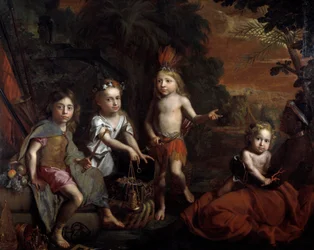 A világ négy része Jobb oldalon egy gyermek Afrikát szimbolizáló rabszolganővér karjában, középen Amerika (indiai gyermek) ajándékozza gazdagságát Európának (a kosárral), Ázsia egy ruhába öltözött gyermek leple alatt. selyem. Gregor B festménye