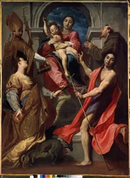 Szűz és gyermek Assisi szentekkel, Keresztelő Szent Jánossal, Antiochiai Szent Margittal és Nagy Szent Gergelyrel (Szűz és gyermek Assisi Szentekkel, Keresztelő Jánossal, Margittal és Nagy Gergelyszel). Gregoire Pagani festménye (15