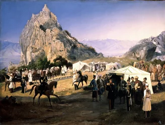 ""A Nyizsnyij Novgorod (Nijni Novgorod) dragonyosezred bivakja Karaagacsban"" Grigorij Grigorievich Gagarin (Gagarin) (1810-1893) festménye Szentpétervári Állami Orosz Múzeum