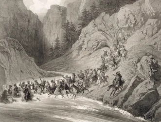 Cserkeszek rajtaütésen a Fekete-tenger közelében, 4. tábla, egy Kaukázusról szóló könyvből, Eugene Ciceri (1813-90) és Adolphe Jean-Baptiste Bayot (1810-66) metszete, Alfred Leon Lemercier kiadása, P