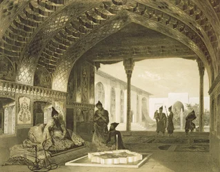 Tükörcsarnok a jereváni Sardar palotában, Örményországban, egy Kaukázusról szóló könyv 17. táblája, Charles Claude Bachelier és Celestin Francois Nanteuil (1813-73) kocsma metszete. írta Alfred