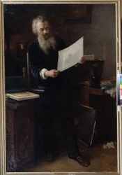 ""Az első benyomás"" (Az első benyomás). Ivan Ivanovics Shishkin (Ivan Ivanovitch Shishkin) (1832-1898) művész portréja, aki az egyik most készített alkotását nézi. Grigorij (Grigorij, Grigorij) festménye Grigorjevics Myasoyedov (