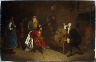 Az orosz flotta nagyapja. (Az orosz flotta nagyapja). Jelenet I. Nagy Péter (1672-1725) gyermekkorából, nagyapja, Nyikita Romanov (?) házában fedezett fel egy angol kenut, amely a hajózás iránti szenvedélyének eredőjeként szolgált. Festett