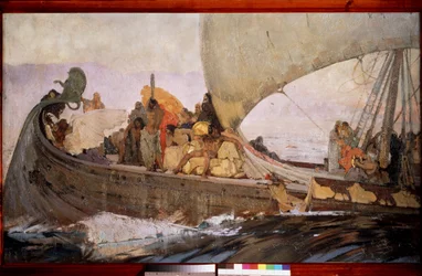 A minósziak kirándulása. Induljon el Krétára. Ivan Grigorjevics Myasoyedov (Miasoyedov, Miasoyedov) festménye (1881-1953), olaj, vászon