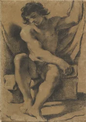 Ülő meztelen fiatal férfi majdnem szemből, kb. 1618