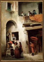 Extrém szenzáció, egy család egy haldokló háza előtt várakozik Guglielmo Castoldi (1823-1882) festménye 1858 Méret: 89x64 cm Genes, Galleria d