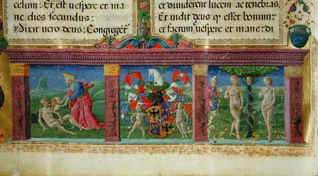 Ádám és Éva teremtése és megkísértése az Este-ház címerével, a Bible des Chartreux-ból