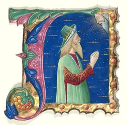 A kezdőbetű egy kóruskönyvből Dávid királlyal, kb. 1470-1480.