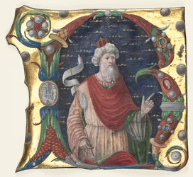 Kezdő R egy kóruskönyvből Dávid királlyal, kb. 1470-1480.