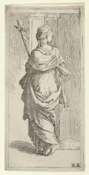Feszületet hordozó, pilaszter felé lépkedő lány hátulról nézve kb. 1590-1600.