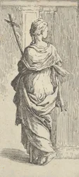 Feszületet hordozó, pilaszter felé lépkedő lány hátulról nézve kb. 15..., kb. 1590-1600.