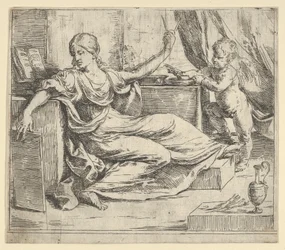 Ülő nő, aki tablettával és iránytűvel a tanulás allegóriája, egy szárnyas puttó ..., kb. 1600-1640.