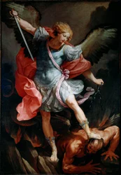Szent Mihály arkangyal szétzúzza a démon fejét, Guido Reni, a Guidónak nevezett művész selyemfestménye